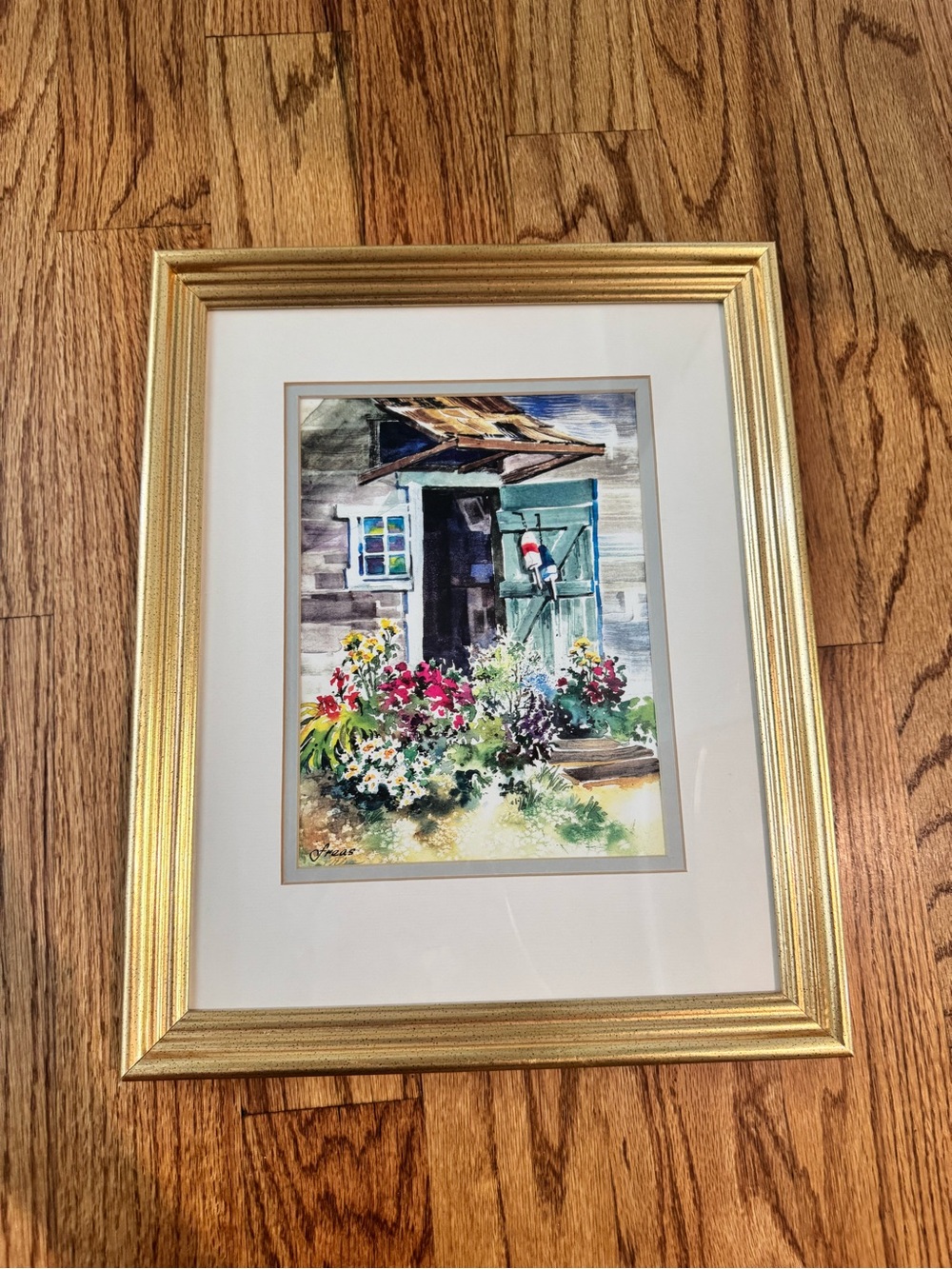 Framed Garden Cottage Watercolor Art Print in Gold